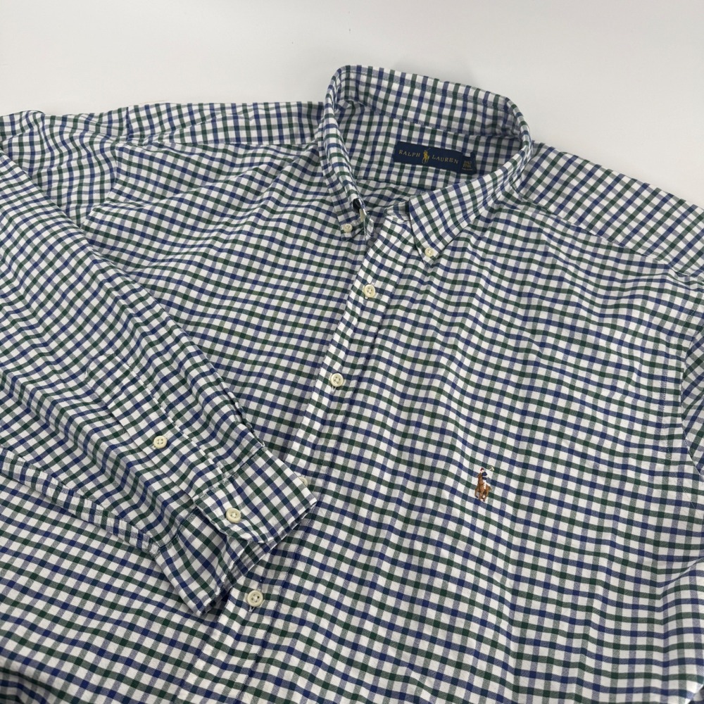 Ralph Lauren Mens 3XLT Gingham Button Down Shirt Green Navy Blue Long Sleeve